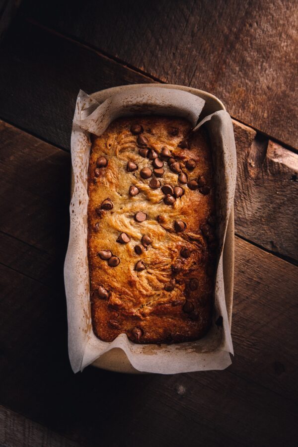 Baked chocolate chip banana bread loaf