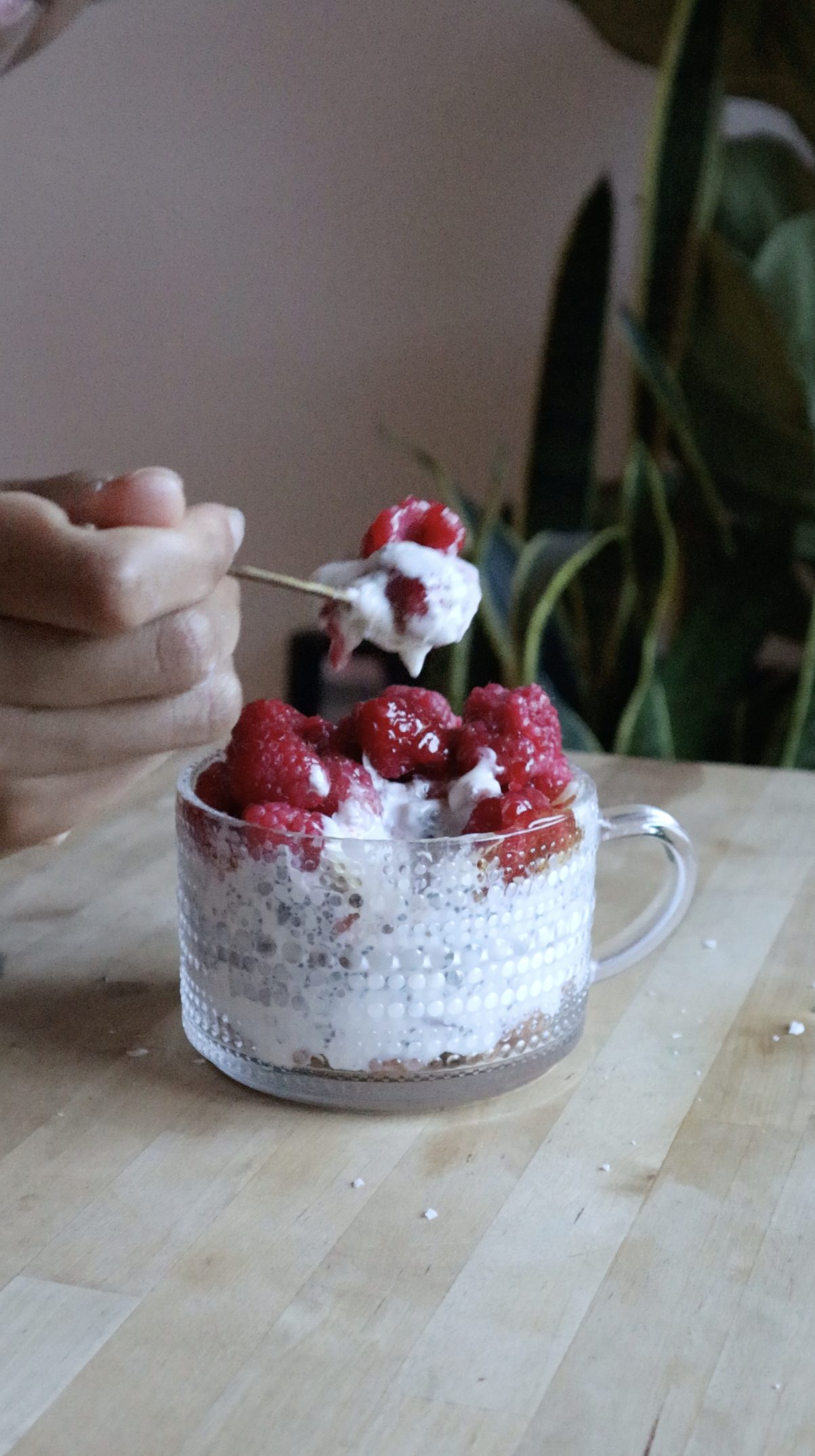 Spoonful of chia seed parfait with a fresh raspberry
