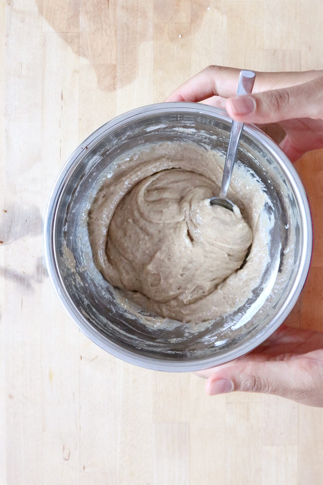 Wet and dry ingredients mixed into a smooth waffle batter